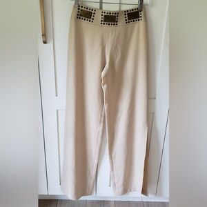 Manigance Paris Pants Womens 36 Cream Leather Wide Leg Slit Y2K Trousers Studed
